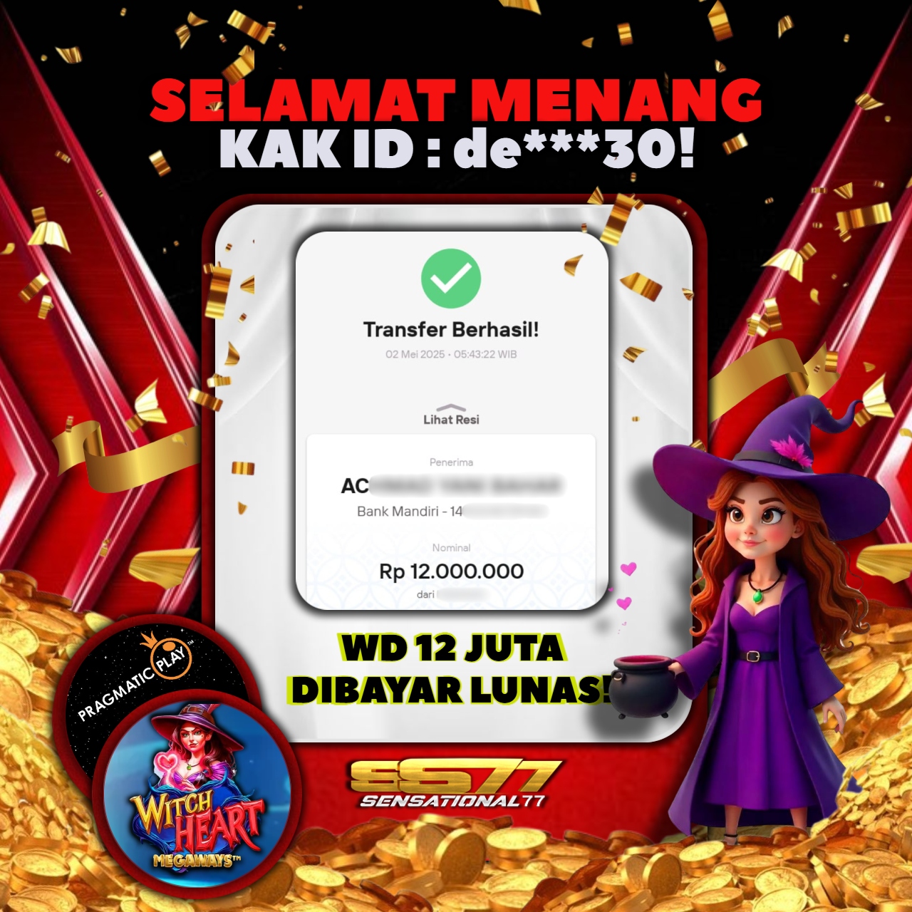 SENSATIONAL77 JACKPOT SLOT - PRAGMATIC PLAY - WITCH HEART MEGAWAYS Rp 12.000.000.- LUNAS 
